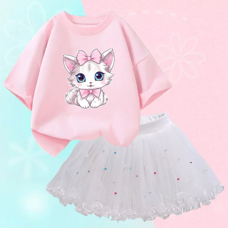 Roupas de verão para meninas, camiseta fofa de gato e saia tutu de malha, conjunto de duas peças, roupas coreanas para crianças de 3 a 14 anos