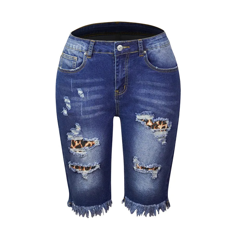 Calça jeans rasgada feminina com borla, calça elástica alta, cintura média, cinco pontos, buraco fino, shorts casuais femininos, verão, rua