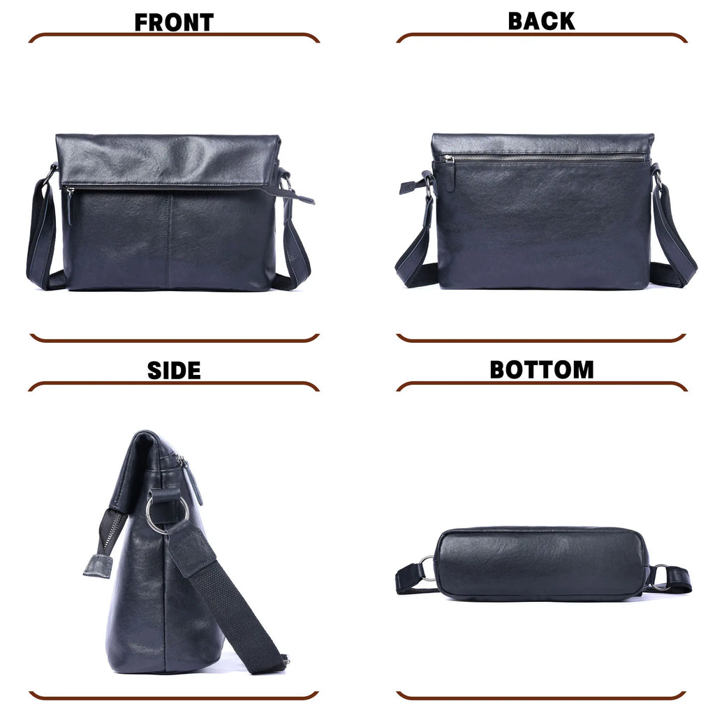 Bolsa de Ombro Masculina em Couro Genuíno, Bolsa Transversal para Laptop, Couro Bovino de Camada Superior, Couro Vegetal, Moda Casual