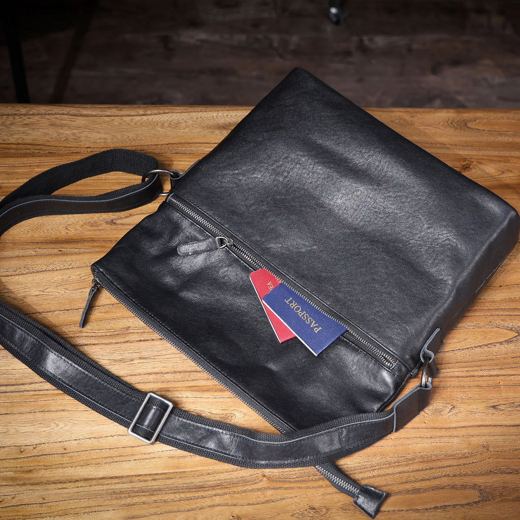 Bolsa de Ombro Masculina em Couro Genuíno, Bolsa Transversal para Laptop, Couro Bovino de Camada Superior, Couro Vegetal, Moda Casual