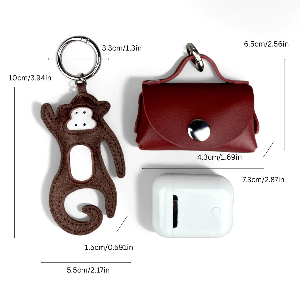 Conjunto de Chaveiro e Estojo para Fones de Ouvido em Couro PU Artesanal com Macaco/Adorável Macaco Pequeno com Cauda Encaracolada Divertida/Presente/Acessório
