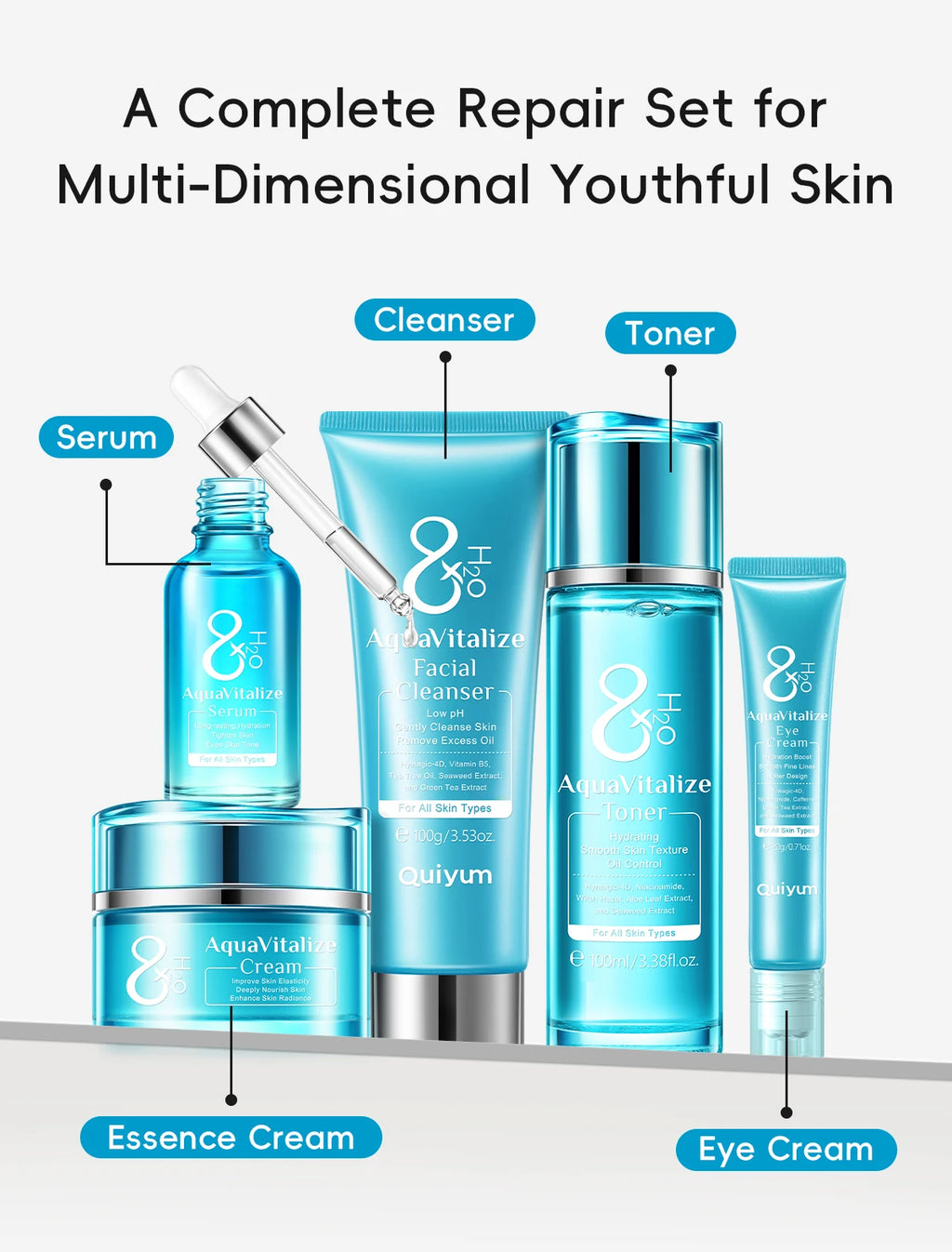 QUIYUM 8X H2O AquaVitalize Skincare Set 5PCS Kit de hidratação profunda Rugas Suavização Tratamento de aperto Conjunto de presente