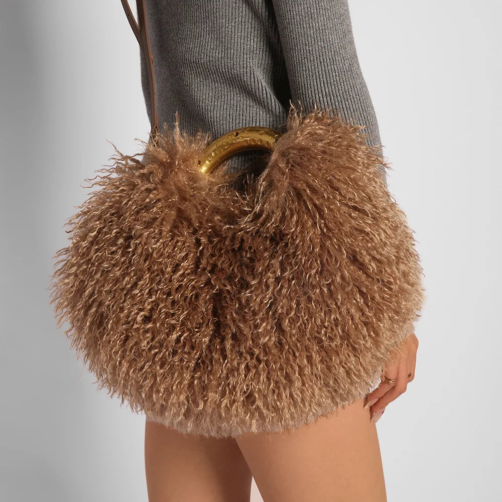 Moda feminina longa pele lã saco praia falso lã pele bolsa de ombro senhoras peles falsas bolsa luxo mongol ovelhas sacos de pelúcia