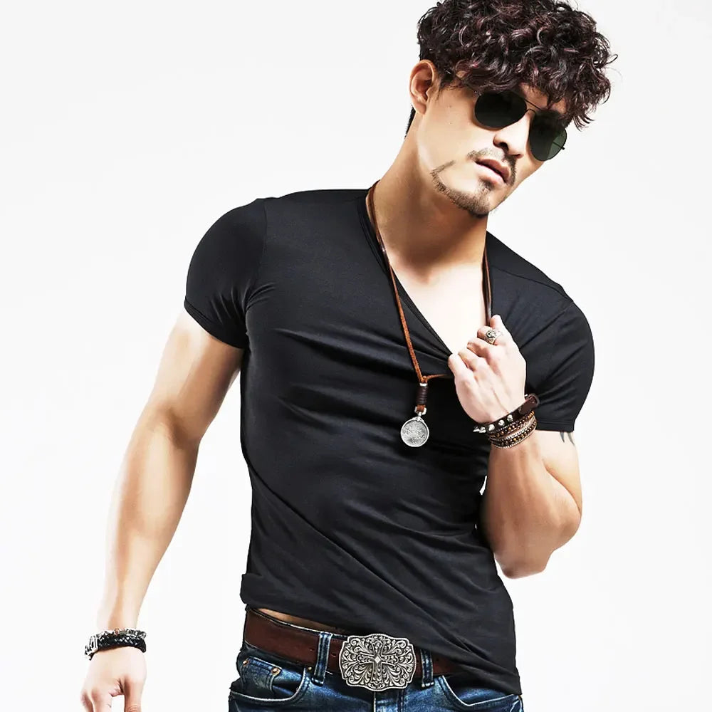 Camiseta Masculina Nova 2026, Gola V, Manga Curta, Moda Fitness, Tamanho 5XL