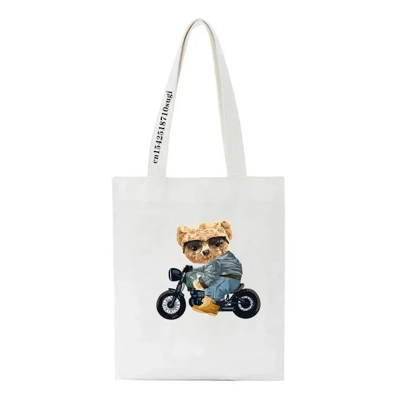 Moda urso impressão eco mulheres sacos de ombro bolsa feminina lona saco de compras casual grandes senhoras viagem totes sacos