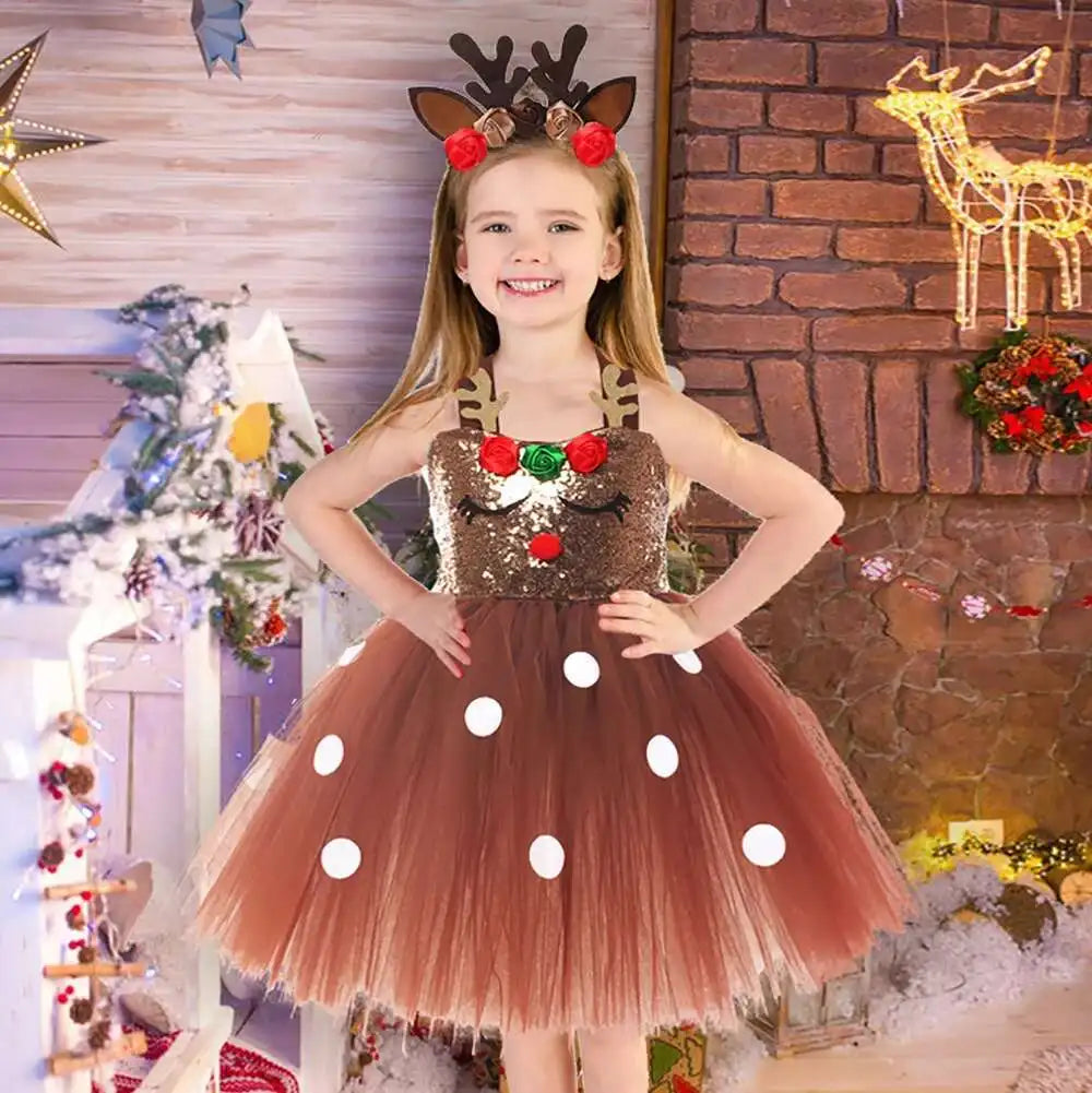Trajes de veado de lantejoulas marrons para bebês meninas vestidos de princesa de natal crianças roupa de rena roupas de ano novo presente de natal