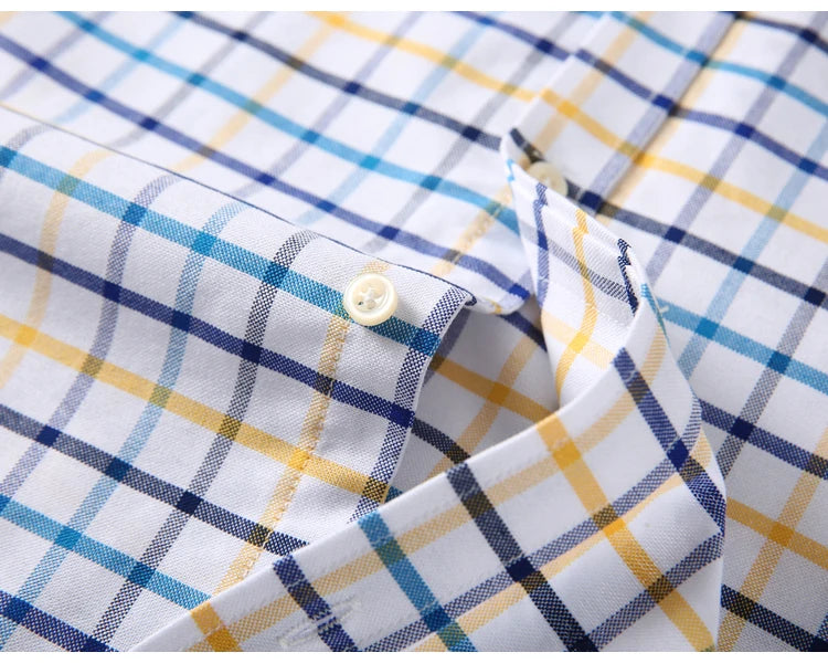 Camisas de vestido de algodão com design de gola de lapela listrada xadrez na moda masculina, camisa casual de manga comprida com botões para primavera/outono