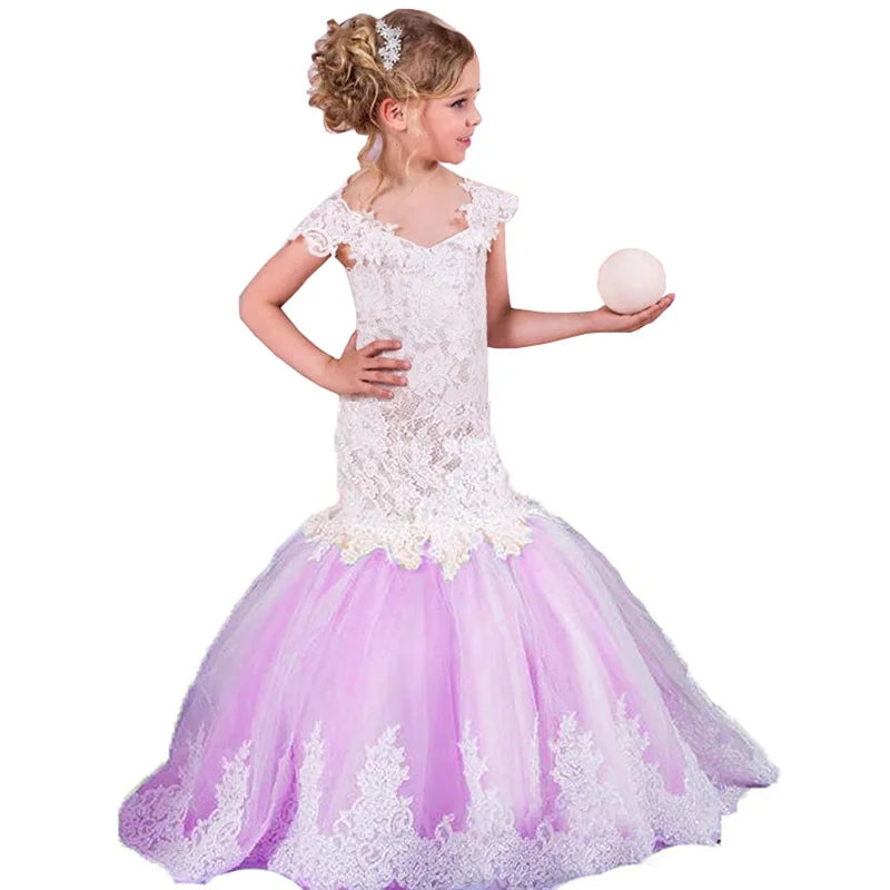 Bebê flor menina vestido crianças rendas longo noite crianças vestidos para casamento bridesmade baile de formatura sereia vestido festa formal vestidos de baile