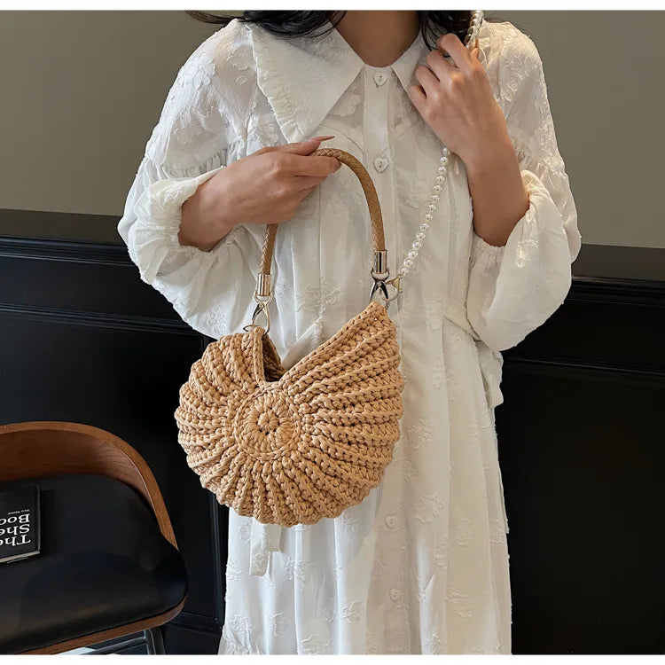 Criativo concha em forma de crochê feminino ombro sacos engraçado bonito pérolas correntes artesanal tecer crossbody saco novidade pequenas bolsas