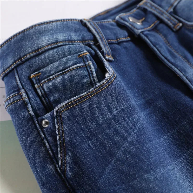 Inverno senhora térmica quente jeans de pelúcia magro estiramento jeans senhora fino ajuste lápis calças meninas perna reta denim