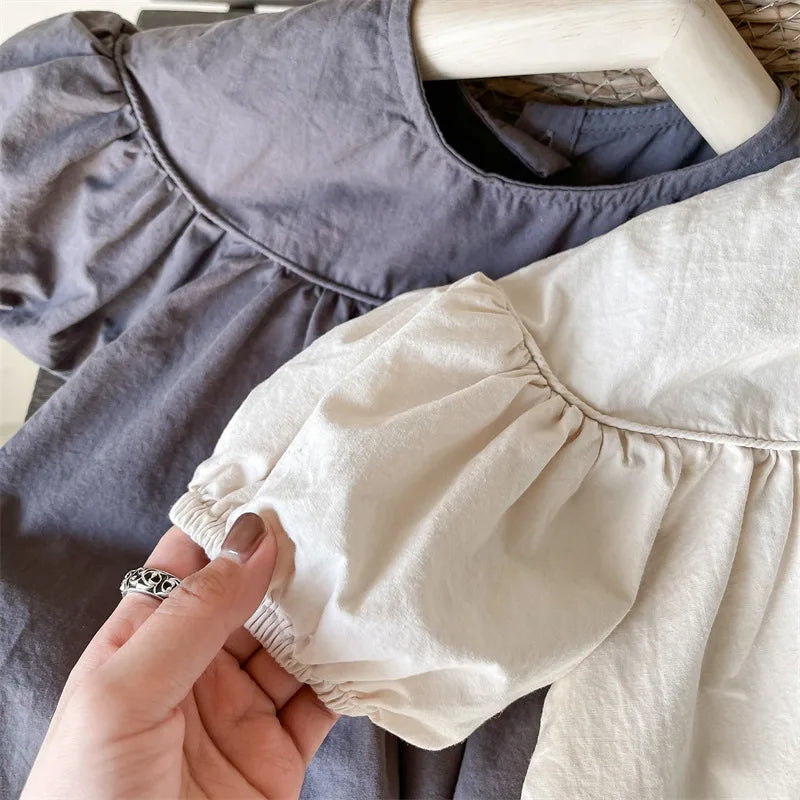 Vestidos de Algodão para Meninas Bebê Estilo Coreano Verão 2026 com Mangas Bufantes em Cores Sólidas