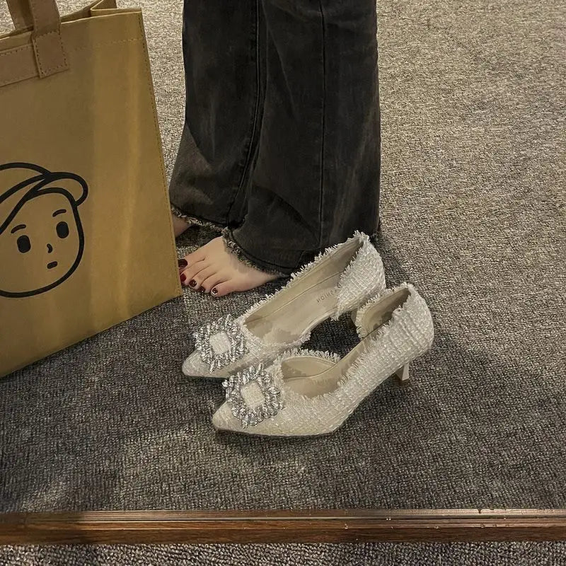 Salto estilete para mulheres, sandálias de strass, botão quadrado, sapatos de casamento, moda feminina, branco, 2024