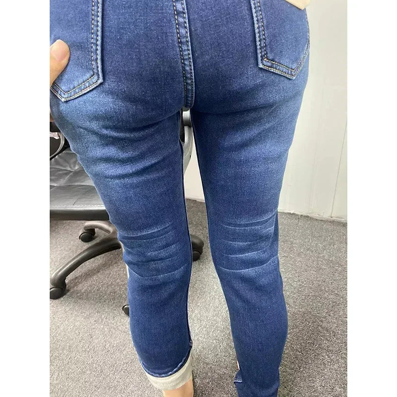 Inverno senhora térmica quente jeans de pelúcia magro estiramento jeans senhora fino ajuste lápis calças meninas perna reta denim