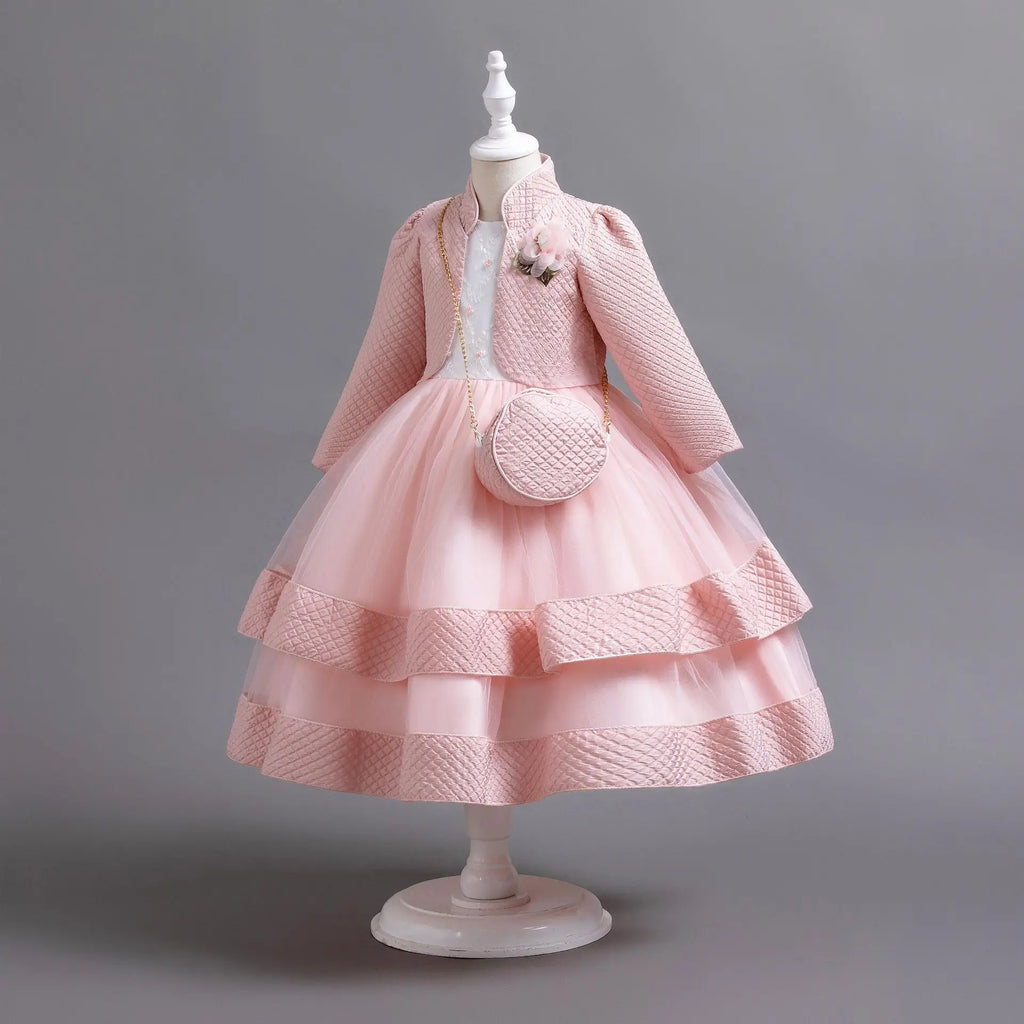 Novo outono/inverno vestido de festa de manga longa elegante menina bordado vestido de desempenho de natal saco de presente para crianças de 3 a 11 anos