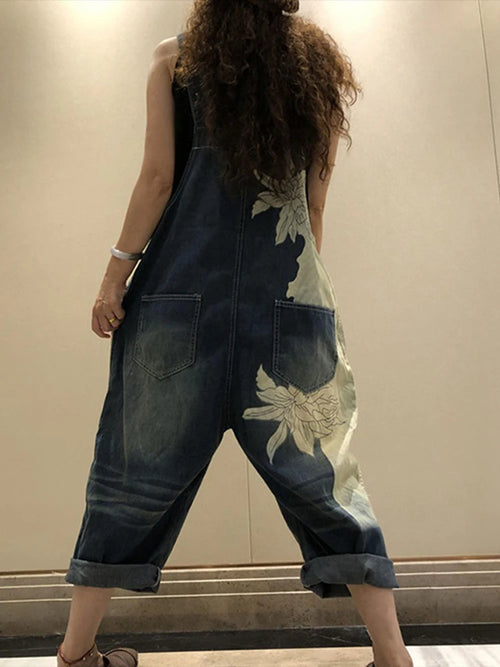 Amax lulue 2025 moda coreana primavera feminino impresso denim macacão senhoras vintage casual jeans feminino calças soltas calças largas