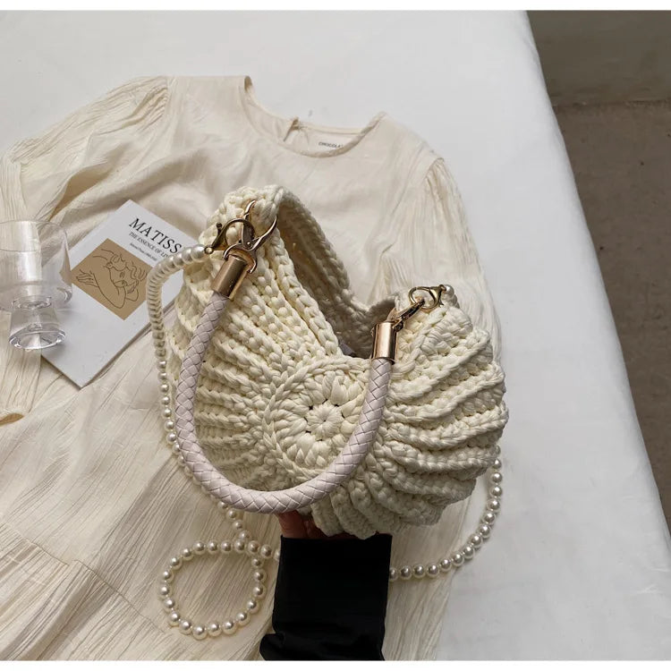 Criativo concha em forma de crochê feminino ombro sacos engraçado bonito pérolas correntes artesanal tecer crossbody saco novidade pequenas bolsas