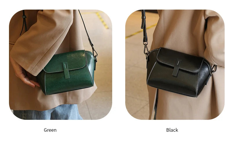 Bolsa transversal pequena de couro legítimo com acabamento em cera de óleo para mulher, bolsa fashion versátil em formato de concha, bolsa casual para celular.