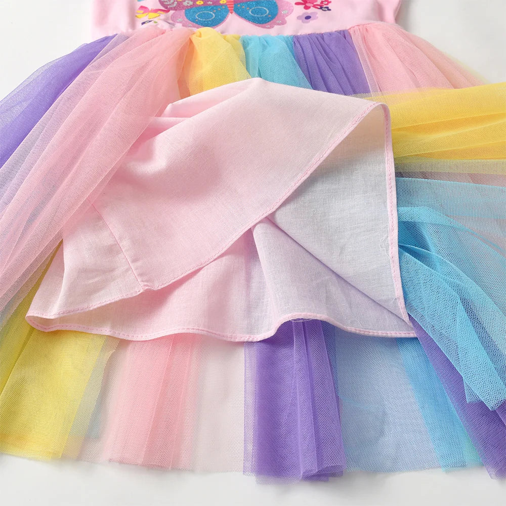 Vestido de verão com estampa de borboleta e flor para crianças, vestido rosa colorido para festa, férias, uso diário, vestidos de princesa, roupas infantis