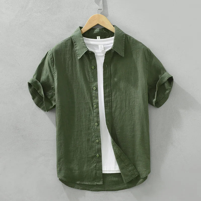 Camisa de linho de manga curta masculina, camisa respirável solta, camisa casual artística, monocromática, verão