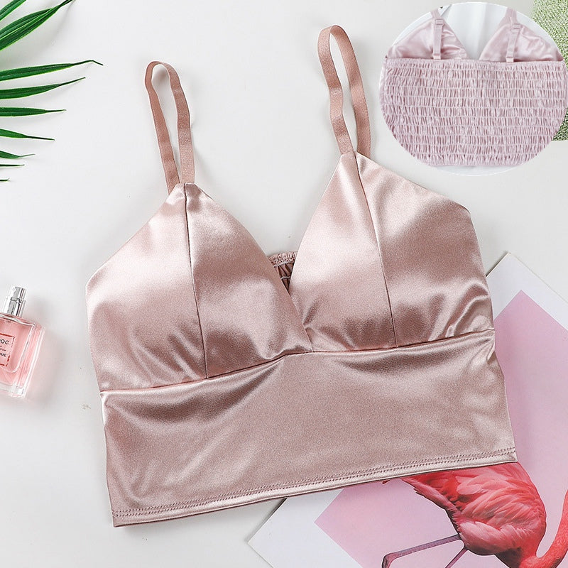 Sexy tops de cetim para mulheres, bralette sem fio, top de crochê, alça de espaguete feminina, camiseta cortada com peito, camisola acolchoada