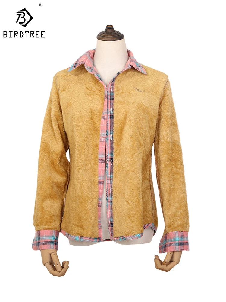 Camisa Xadrez Feminina de Veludo Grossa e Quente, Blusa Casual de Manga Longa com Forro de Lã para Inverno, Tamanhos M-5XL, Roupa de Outono T77710A