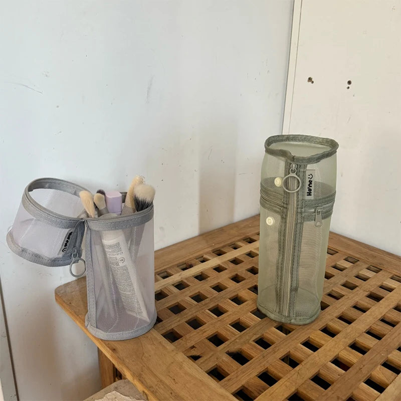 {Summer2} 【Summer2】Bolsa de armazenamento para pincéis de maquiagem, de malha, de dupla utilização, portátil, simples, de grande capacidade, suporte para pincéis