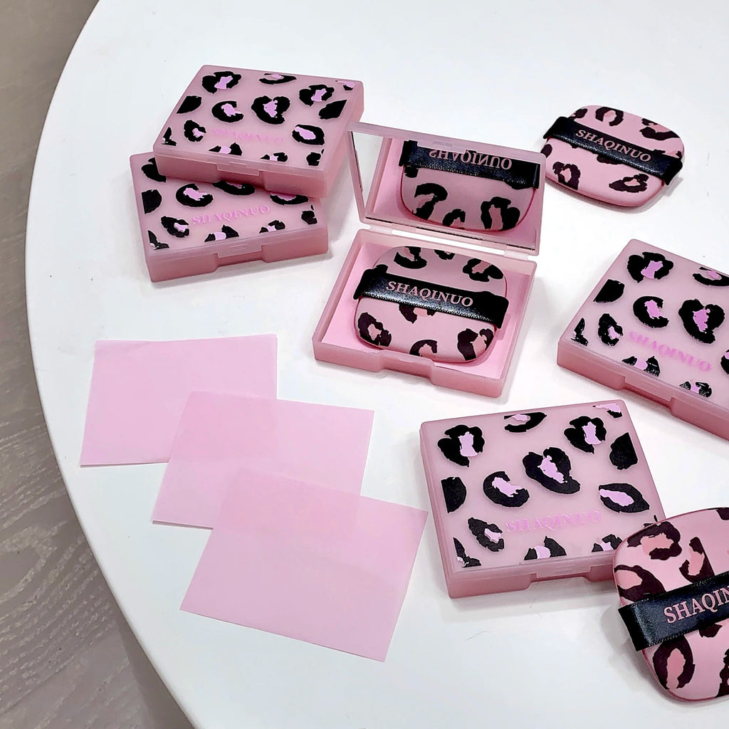 100 folhas de papel absorvente de óleo facial com estampa de leopardo rosa caixa de armazenamento portátil com espelho ferramenta de beleza