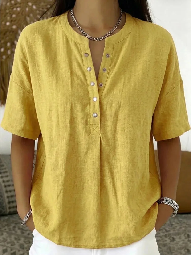 Blusa Feminina de Linho com Gola Henley, Manga Curta, Casual, Solta, Cor Sólida, Top de Verão
