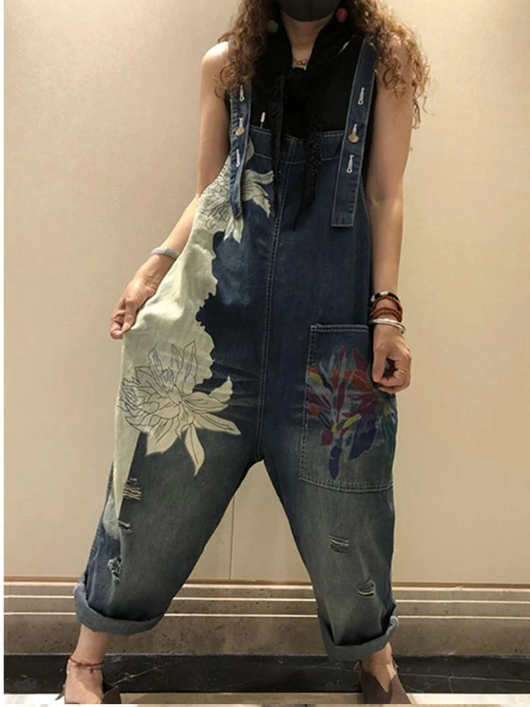Amax lulue 2025 moda coreana primavera feminino impresso denim macacão senhoras vintage casual jeans feminino calças soltas calças largas