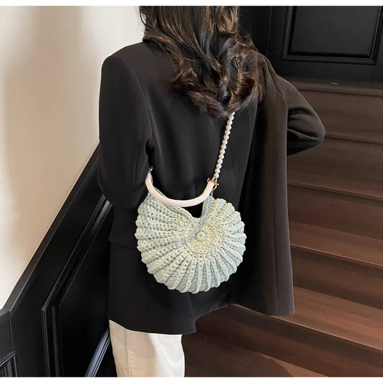 Criativo concha em forma de crochê feminino ombro sacos engraçado bonito pérolas correntes artesanal tecer crossbody saco novidade pequenas bolsas