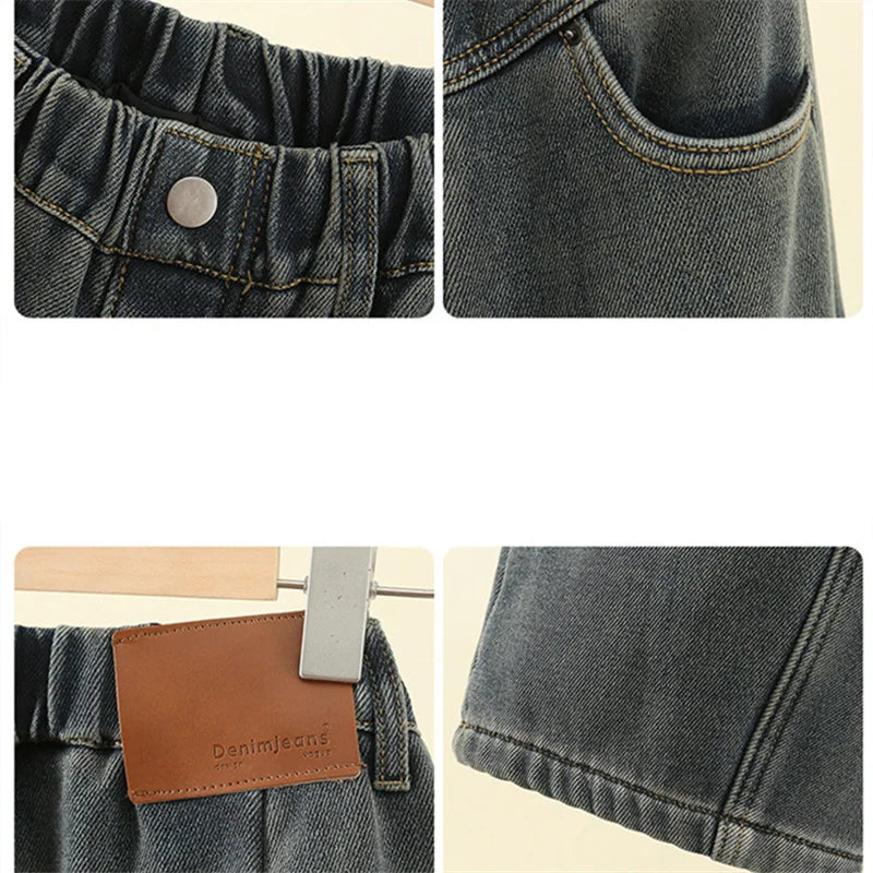 Crianças casuais solto em linha reta ajuste jeans para meninas perna larga legal calças jeans crianças adolescente primavera cintura elástica calças jeans