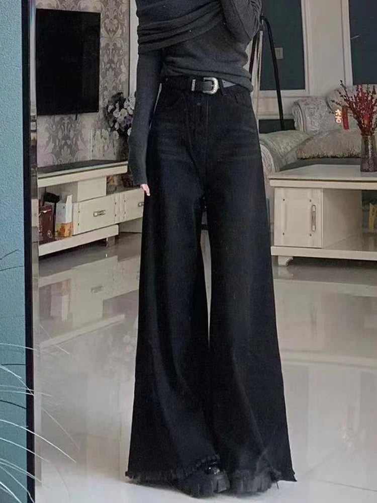 Preto perna larga jeans feminino outono vintage borda crua borlas bootcut calças jeans soltas cintura alta streetwear harajuku novo