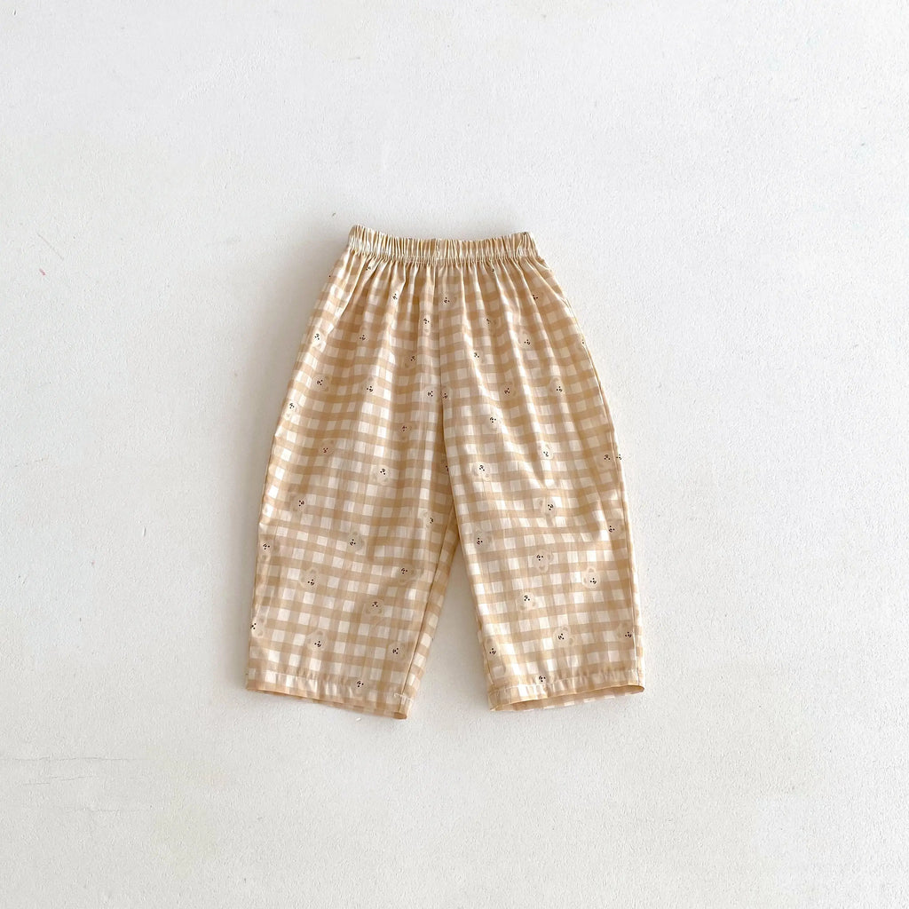 2024 novas crianças calças xadrez impresso dos desenhos animados moda bebê meninas meninos solto casual harem calças crianças roupas de verão