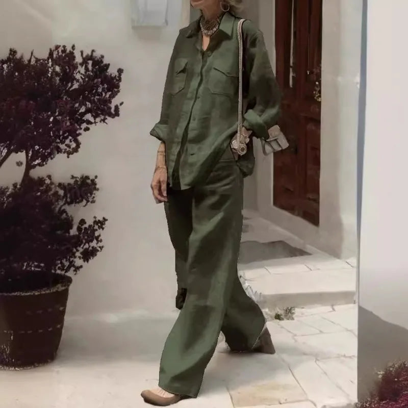 Conjunto Feminino de Linho com 2 Peças: Camisa de Manga Longa com Botões e Calças de Perna Larga