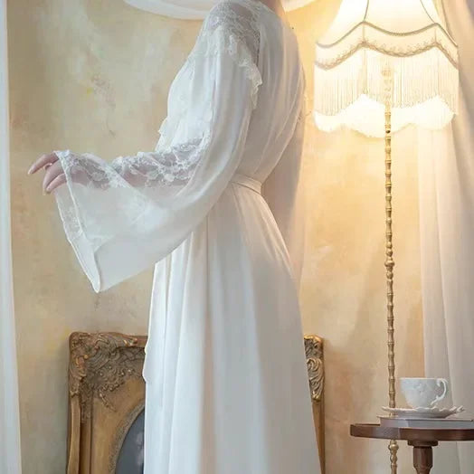 Conjunto de roupão longo para fêmea, corte, camisola princesa, roupão, camisola sexy em renda patchwork, pijamas, roupa de cetim, 2 peças