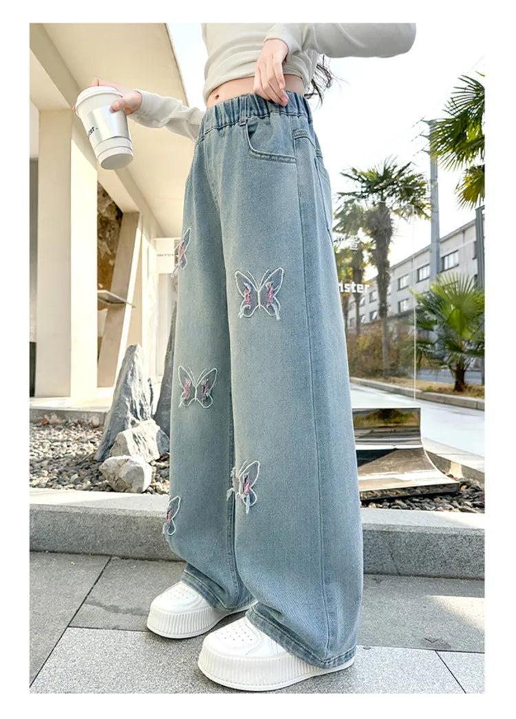 Coreano menina perna larga jeans com lindas borboletas crianças cintura alta solta calças jeans adolescente casual jeans crianças