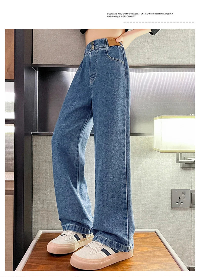 Jeans casuais soltos para meninas, calças longas retas para a escola, perna larga, para crianças de 5 a 14 anos, outono