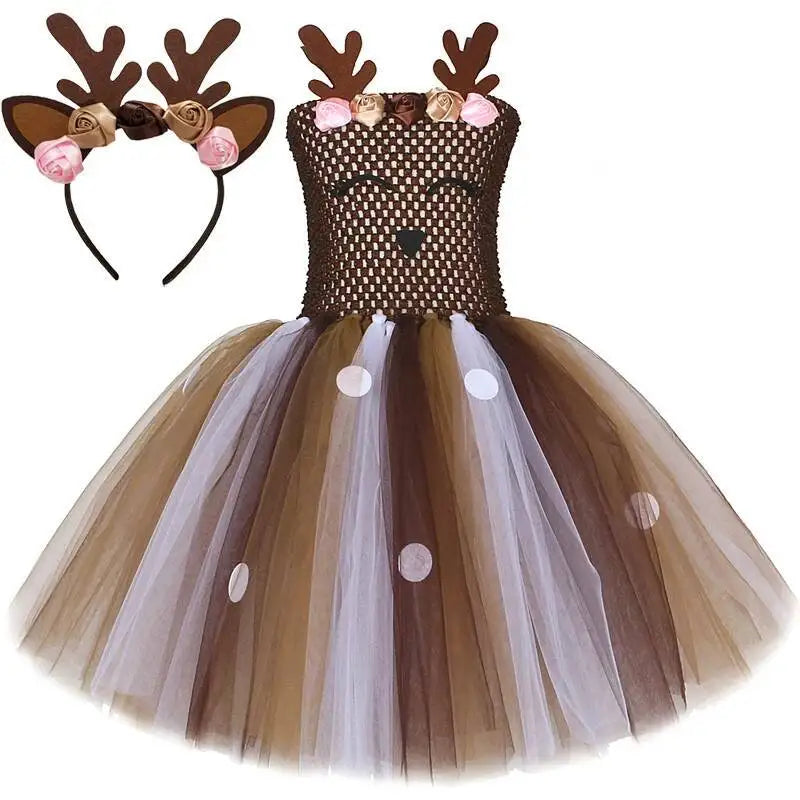 Bebê meninas trajes de veados de natal para crianças flor rena vestidos de princesa crianças natal ano novo ballet tutus outfit com arco