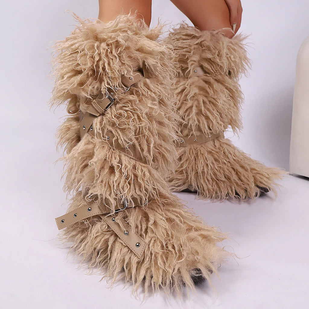 Botas femininas felpudas até o joelho |   Calçado de inverno com detalhes multi-fivela, texturas de leopardo e shearling