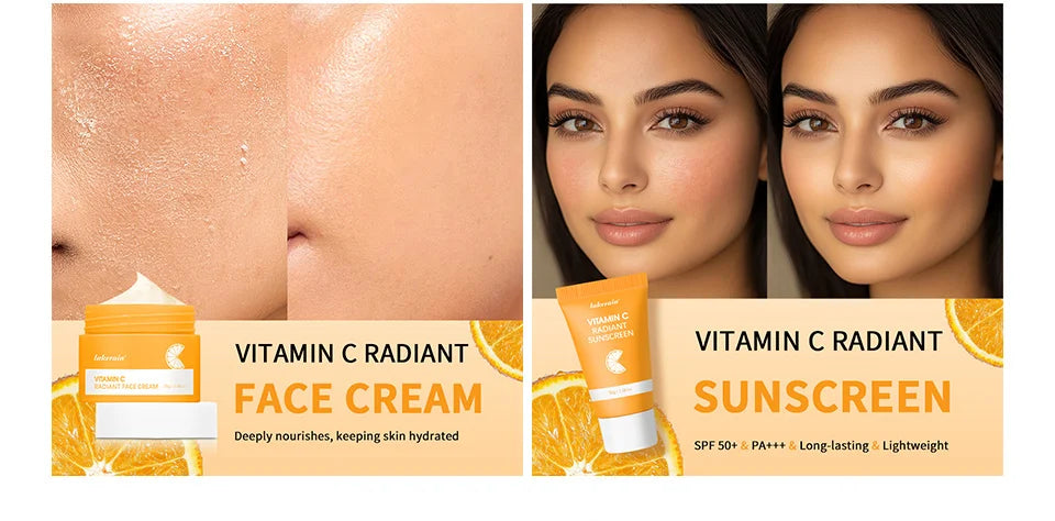Lakerain vitamina c conjunto de cuidados com a pele 6 pçs kit creme de clareamento manchas escuras soro círculo escuro olho hidratante facial kits de clareamento