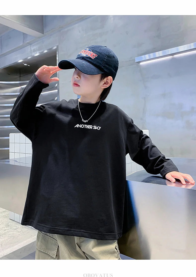 Nova primavera crianças manga longa camiseta de algodão para meninos solto estilo breve tshirt adolescentes crianças escola camisetas roupas de moda do bebê