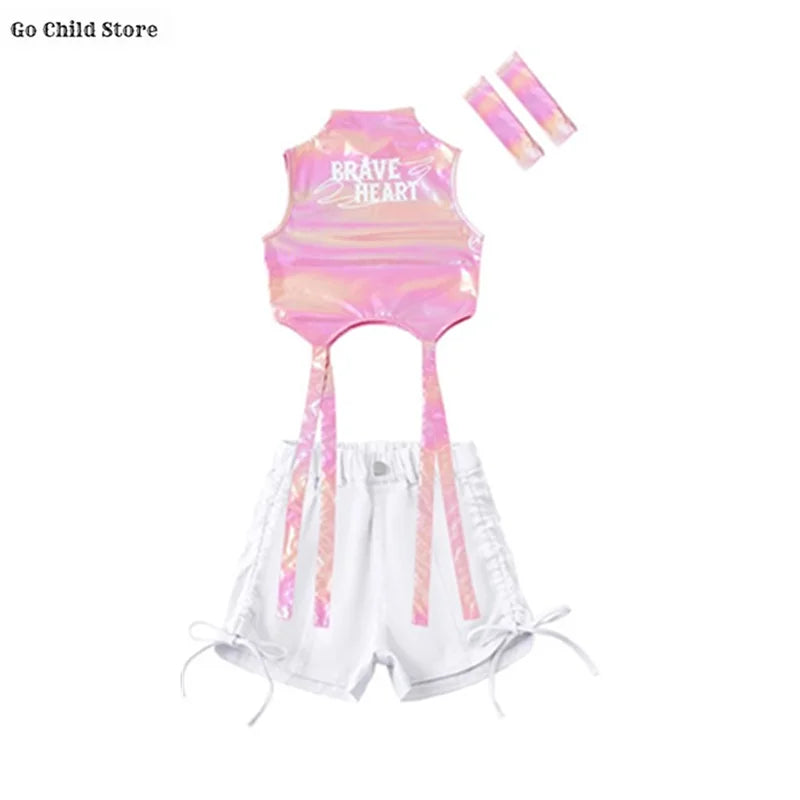 Meninas k-pop brilhante colheita superior calças de carga shorts de dança de rua crianças hip hop jazz conjuntos de roupas crianças streetwear menina grupo traje