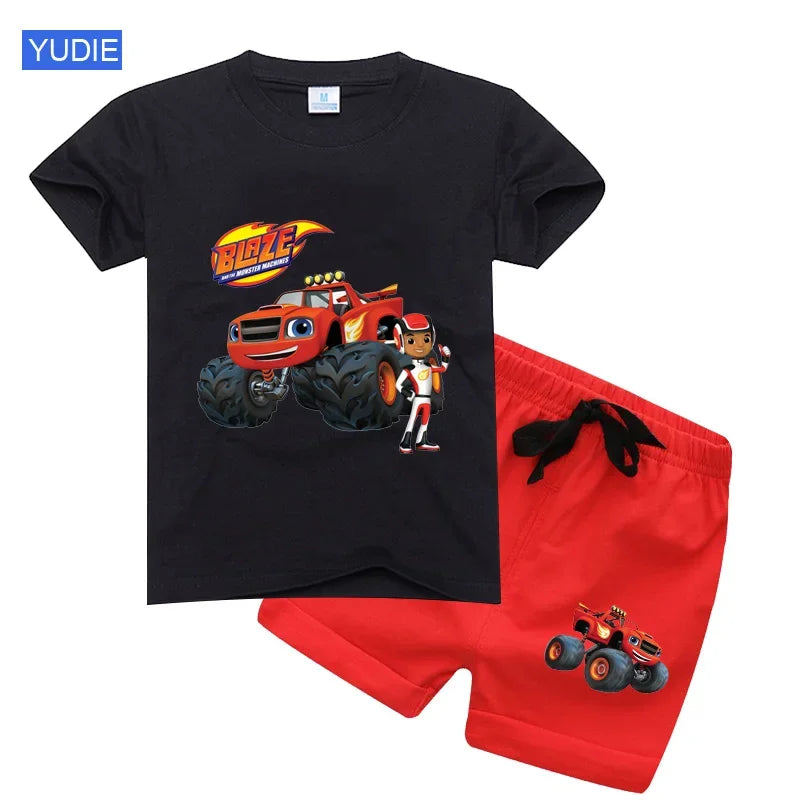 Conjunto de t-shirts e shorts para bebês e meninas, roupas de desenhos animados, velocidade incrível, carros, máquinas monstro, crianças, terno 2pcs, verão
