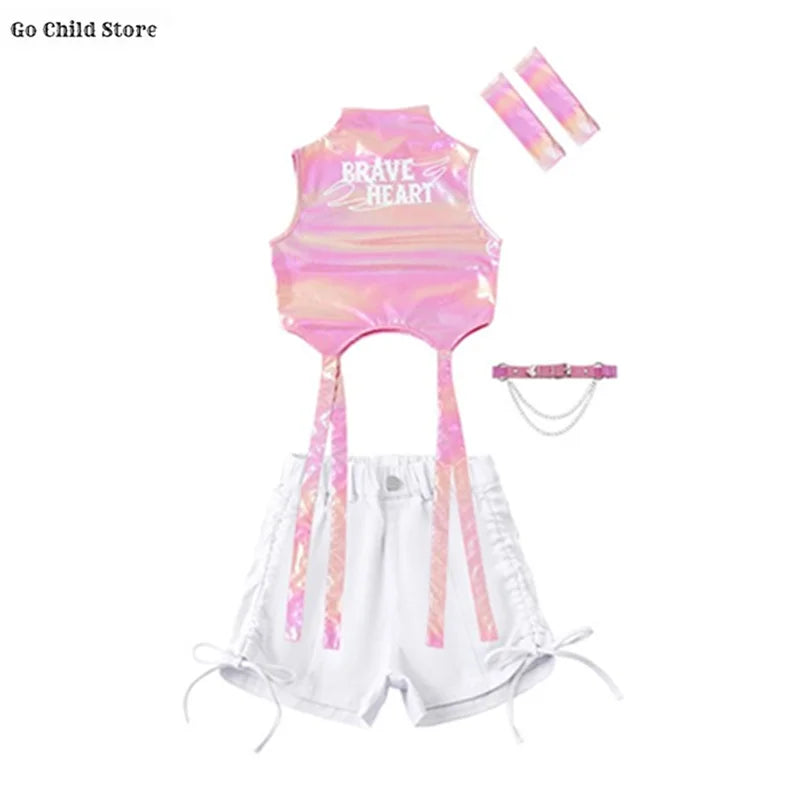 Meninas k-pop brilhante colheita superior calças de carga shorts de dança de rua crianças hip hop jazz conjuntos de roupas crianças streetwear menina grupo traje