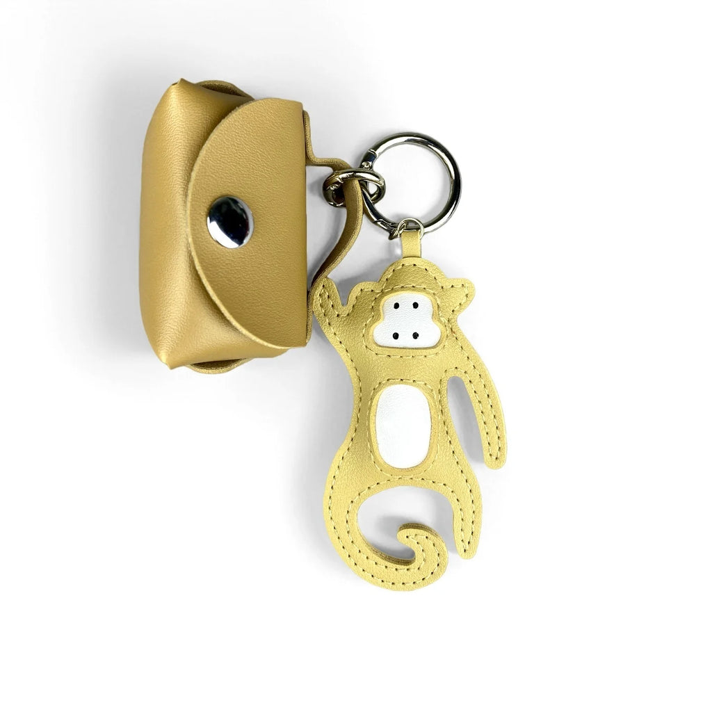 Conjunto de Chaveiro e Estojo para Fones de Ouvido em Couro PU Artesanal com Macaco/Adorável Macaco Pequeno com Cauda Encaracolada Divertida/Presente/Acessório