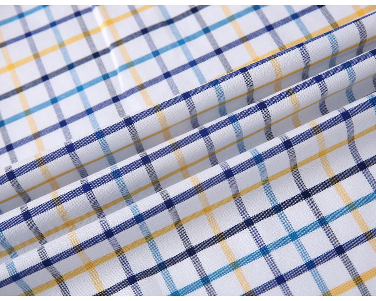 Camisas de vestido de algodão com design de gola de lapela listrada xadrez na moda masculina, camisa casual de manga comprida com botões para primavera/outono
