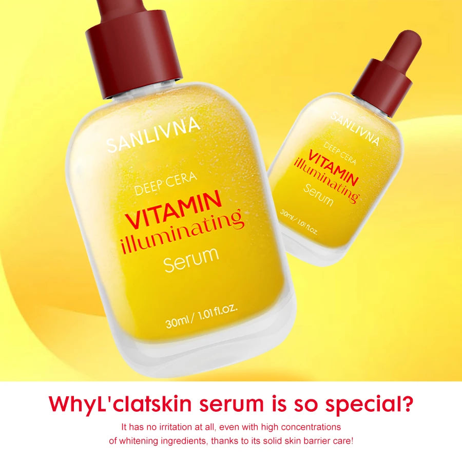 O soro de vitamina C e niacinamida ilumina o tom da pele e é rico em bakuchiol para melhorar e limpar os poros para cuidados faciais