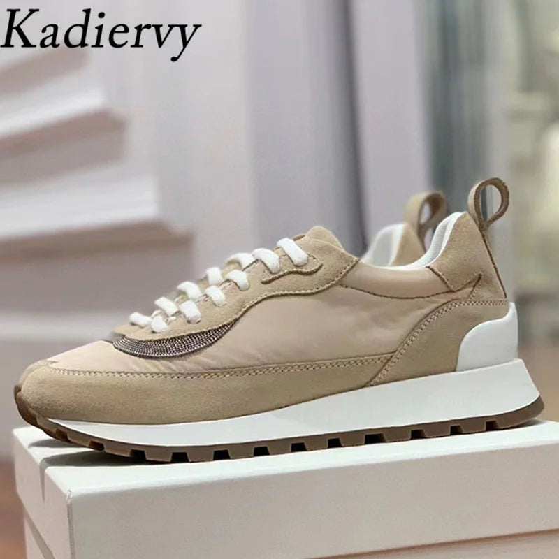 Sapatos casuais mulher dedo do pé redondo corrente corda grânulo conforto tênis de corrida senhoras camurça vaca retalhos rendas até tênis planos