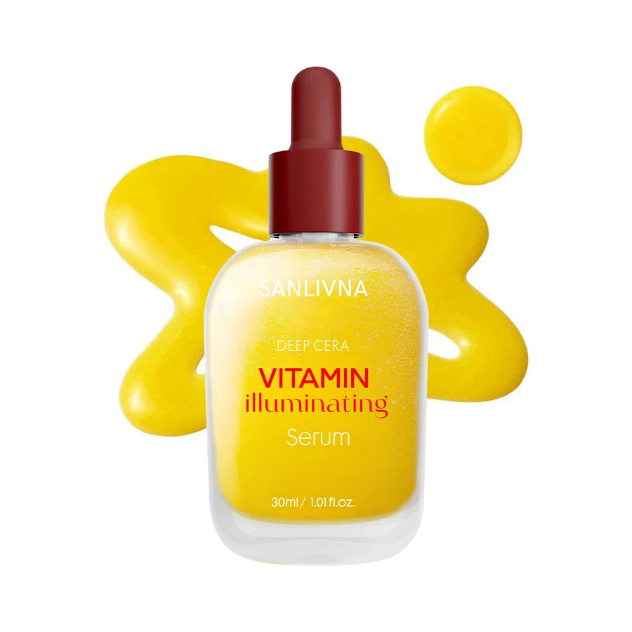 O soro de vitamina C e niacinamida ilumina o tom da pele e é rico em bakuchiol para melhorar e limpar os poros para cuidados faciais