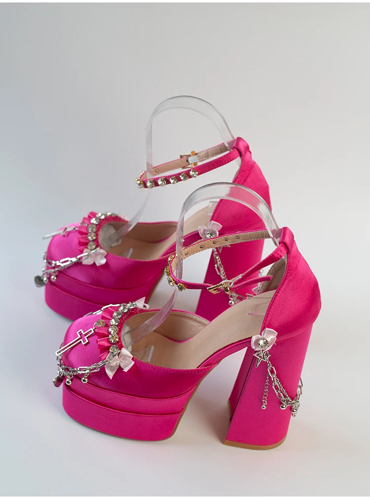 Cruz Japonesa Rhinestone Lolita Salto Alto para Mulheres, Corrente de Metal, Casamento da Noiva Rosa, Doce Sapatos Y2k Mary Jane, Salto Plataforma para Menina